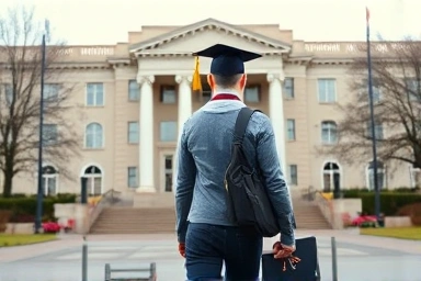Young graduate entering government building for public service career.