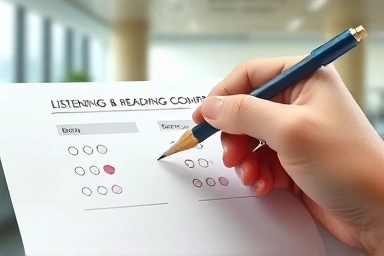Hand marking answer on simplified test, representing skill assessment.