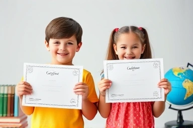 Children proudly holding English test certificates with educational symbols.