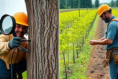 Arborist diagnosing tree health vs. tending tree saplings.