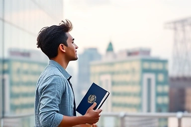Young person looking at city, symbolizing working holiday opportunity.