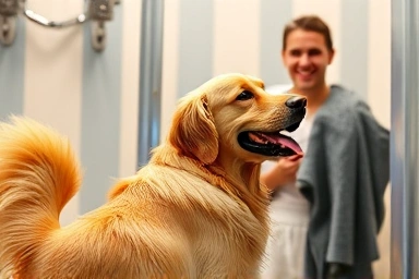 Happy dog and owner at self-service dog wash