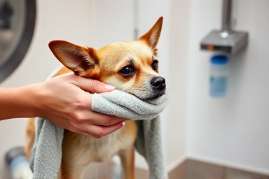 Gentle drying of small dog after self-bath