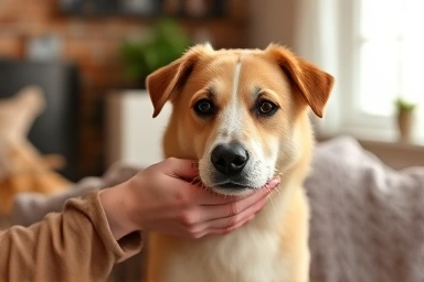Person bonding with rescued dog in a safe home.