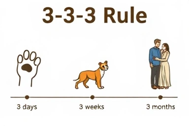 Visualizing the 3-3-3 rule for dog adoption stages.