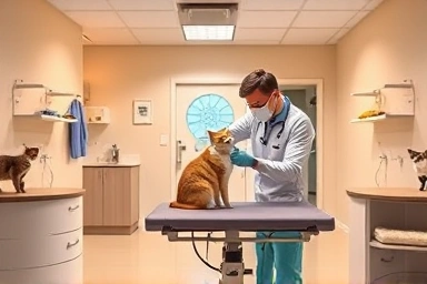 Calm and professional cat veterinary clinic interior.