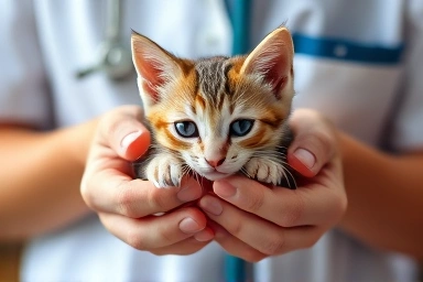 Veterinarian showing gentle care and expertise to a cat.