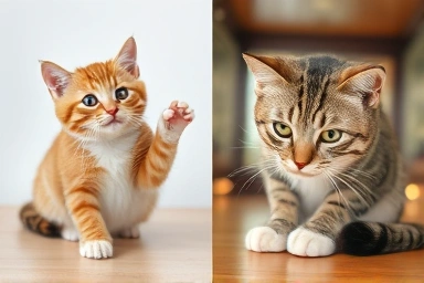 Healthy cat vs. cat showing signs of illness, behavior contrast