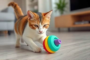 Cat playing with interactive solo toy.