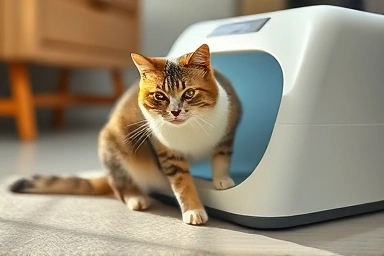 Cat using a clean, self-cleaning automatic litter box