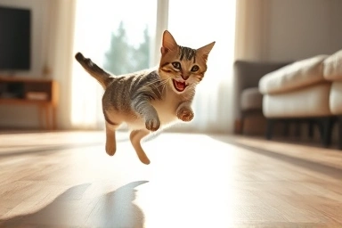Playful cat chasing a laser dot in a sunlit living room.
