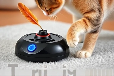 Close-up of automatic cat toy with feather and laser, cat interacting.