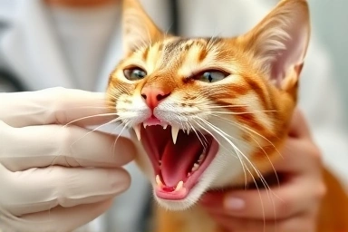 Veterinarian examining cat's healthy mouth and back teeth.