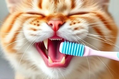 Symbolic representation of cat oral hygiene: clean teeth, bristles, toothpaste.
