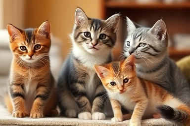 Diverse cat breeds showing different personalities in a cozy home.