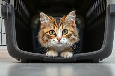 Calm cat resting comfortably inside a spacious carrier