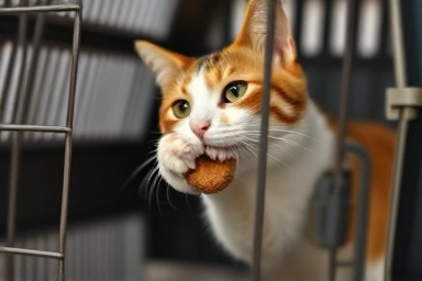 Cat's paw reaching for a treat inside a carrier, symbolizing positive reinforcement.