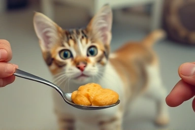 Cat owner measuring cat treats, responsible pet care.