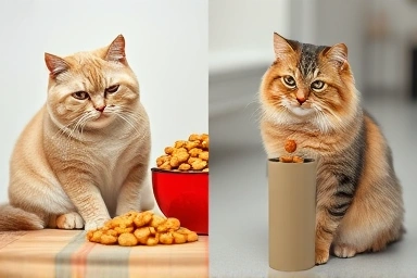 Contrast of cat health: overfed vs. healthy cat.