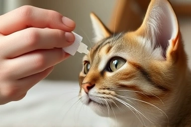 Cat receiving eye drops from owner's hand