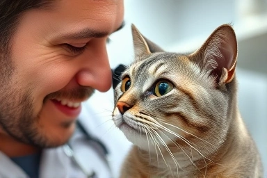 Veterinarian checks cat's eye condition