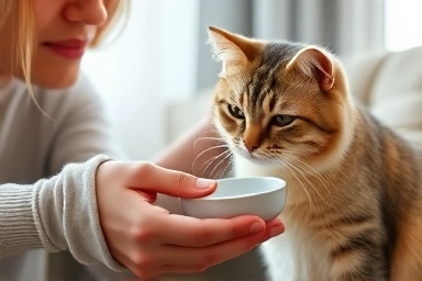 Owner offers water to a cat with constipation.