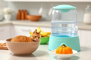 Cat constipation remedies: wet food, water fountain, pumpkin.