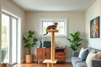 Modern living room with integrated custom cat furniture