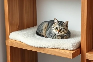 Detailed view of a handcrafted wooden cat shelf