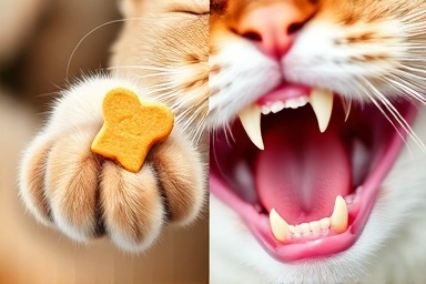 Cat dental treat and symbols of oral health and cleanliness.