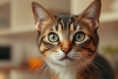 Concerned cat with soft fur, domestic setting.