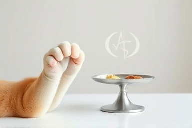 Cat health balance, symbolic paw and scale.