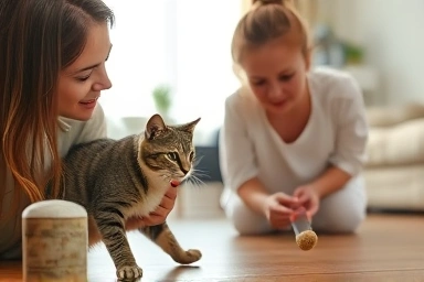 Pet owner examining cat stool sample for diarrhea.