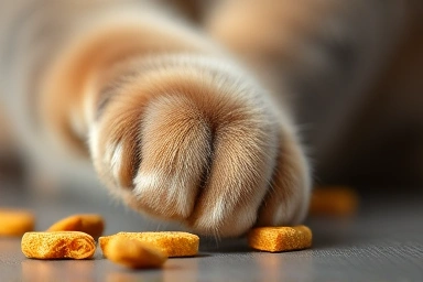 Cat's paw interacting with freeze-dried treats