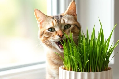 Cat enjoying fresh oat grass for health benefits