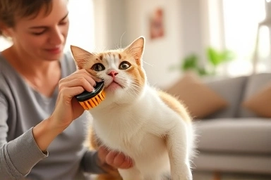 Cat owner grooming happy cat with Furminator brush