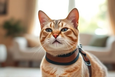 Happy cat wearing a comfortable safety harness indoors.