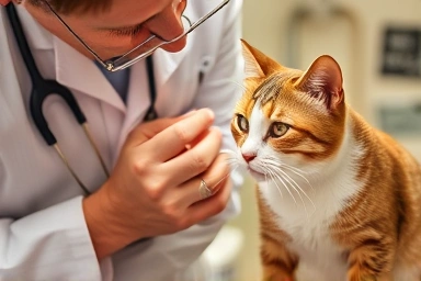 Veterinarian examining a cat during health checkup.