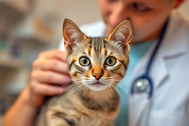 Veterinarian examining a healthy cat with care.