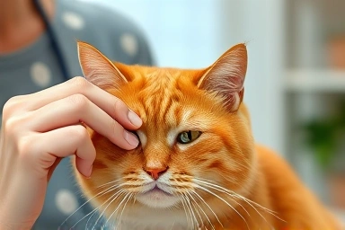Cat owner caring for a sick cat with eye discharge.