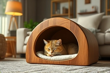 Content cat sleeping in a stylish hideout in a cozy room.