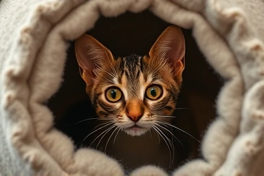 Curious cat peeking from a soft felt tunnel hideout.