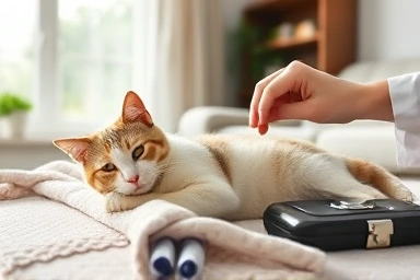 Comfortable cat receiving health check at home.