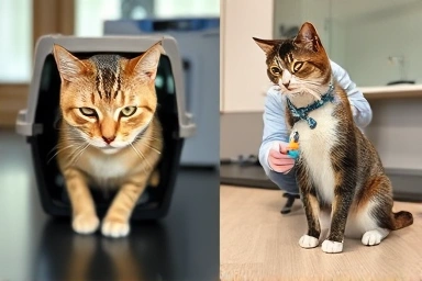 Contrast: stressed cat in carrier vs. relaxed cat at home.