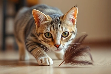 Cat hunting a feather toy, focused and agile.