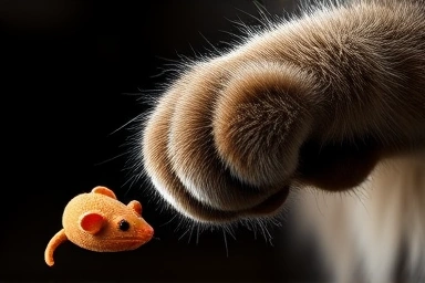 Cat's paw catching a toy mouse, predatory action.