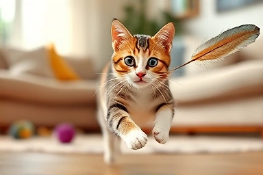 Playful cat chasing a hunting toy with intense focus.