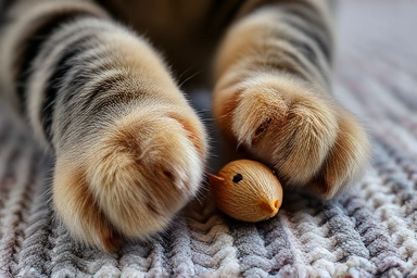Cat's paws intensely playing with a mouse-shaped toy.