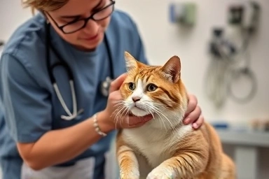 Veterinarian examining a senior cat with care.