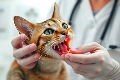 Veterinarian examining cat for ingestion dangers